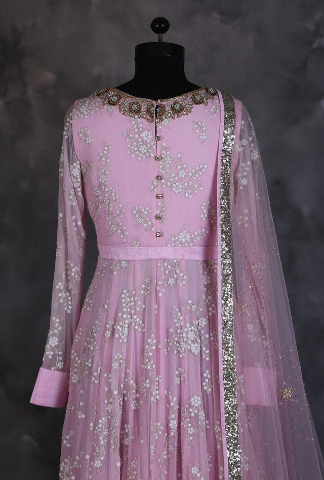 Buy Light Pink Stone Embroidered Net & Silk Reception Gown Online | Samyakk
